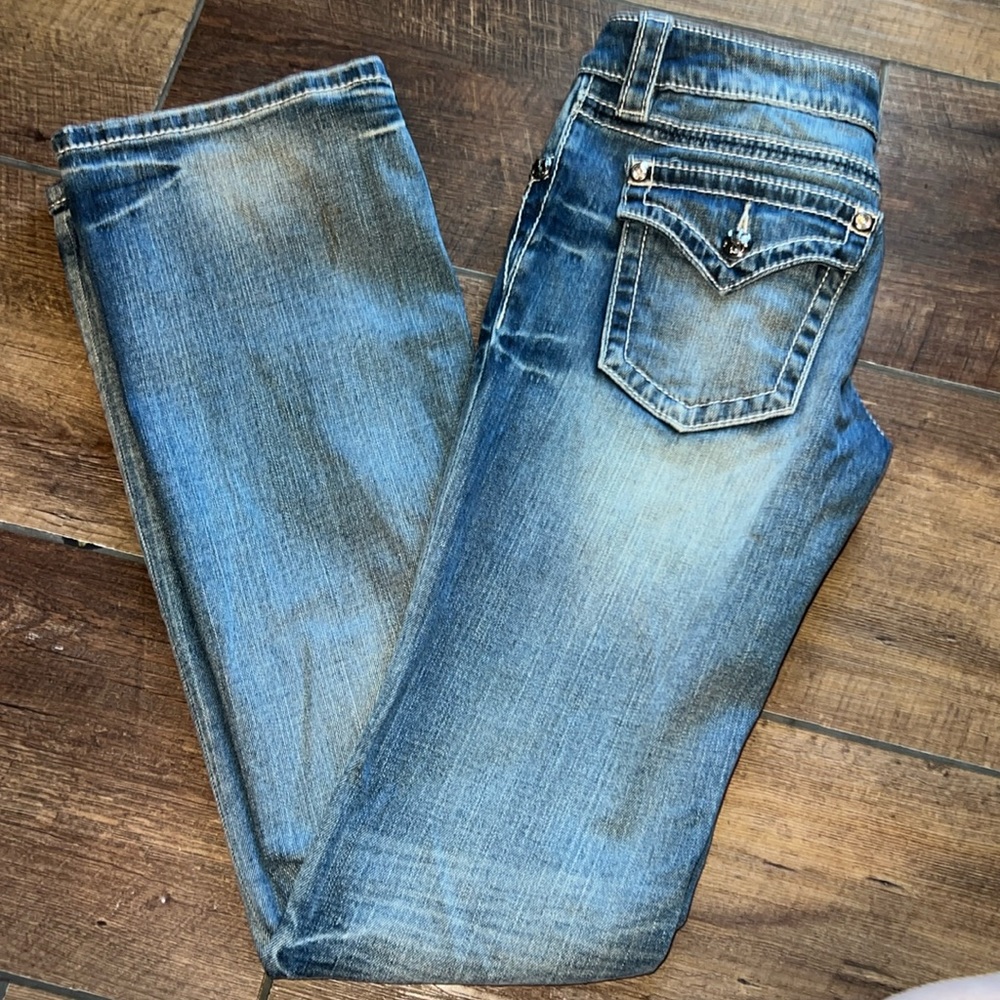 Miss Me Slightly Embellished Flap Pocket Slightly Distressed Bootcut Jeans Sz 28